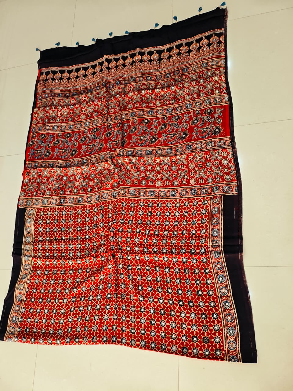 MIRROR WORK HAND BLOCK AJRAKH MODAL SILK SAREE WITH BLOUSE (CIV8)