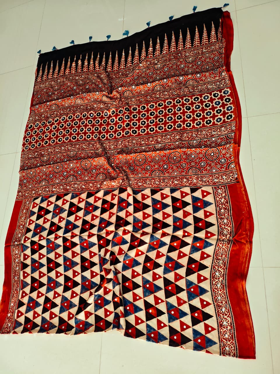 MIRROR WORK HAND BLOCK AJRAKH MODAL SILK SAREE WITH BLOUSE (CIV9)