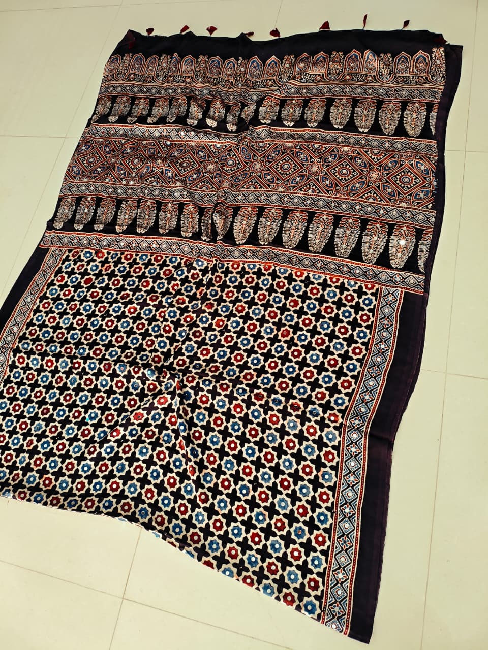 MIRROR WORK HAND BLOCK AJRAKH MODAL SILK SAREE WITH BLOUSE (CIV10)