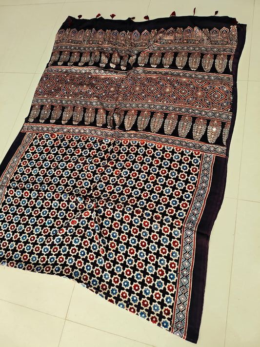 MIRROR WORK HAND BLOCK AJRAKH MODAL SILK SAREE WITH BLOUSE (CIV10)