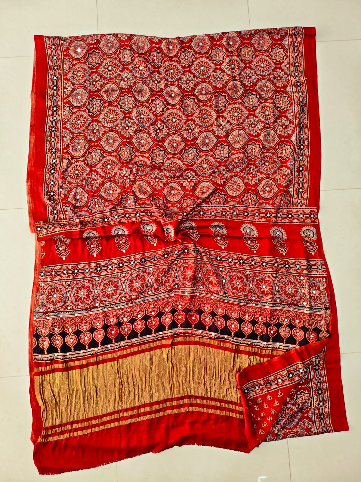 MIRROR WORK HAND BLOCK AJRAKH MODAL SILK SAREE WITH BLOUSE (CIV11)