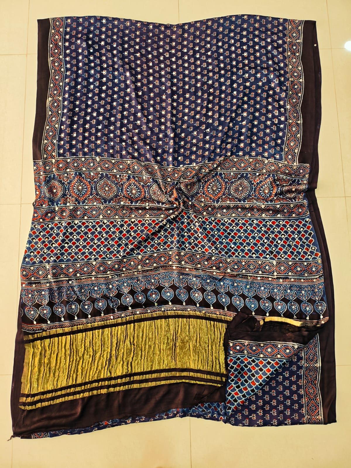 MIRROR WORK HAND BLOCK AJRAKH MODAL SILK SAREE WITH BLOUSE (CIV15)