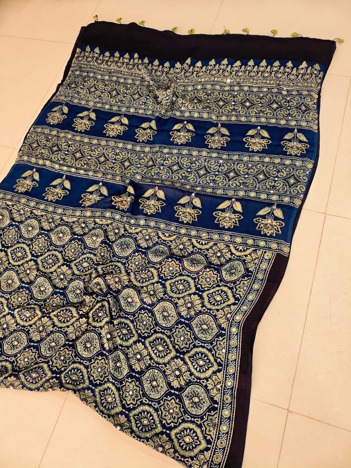 MIRROR WORK HAND BLOCK AJRAKH MODAL SILK SAREE WITH BLOUSE (CIV18)