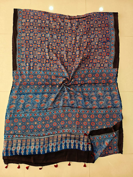 HAND BLOCK PRINTED AJRAKH MODAL SILK SAREE (CIG98)
