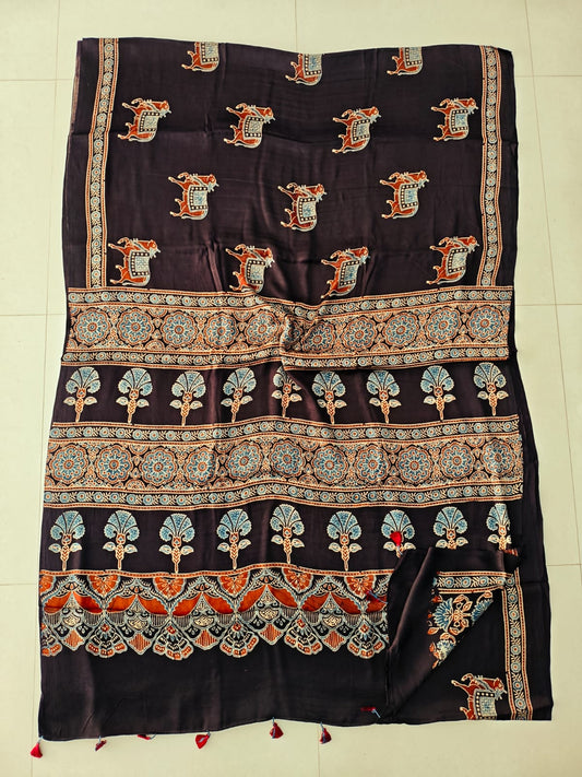 HAND BLOCK PRINTED AJRAKH MODAL SILK SAREE (CIG111)