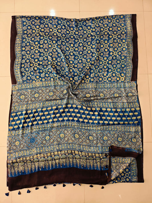 HAND BLOCK PRINTED AJRAKH MODAL SILK SAREE (CIG113)