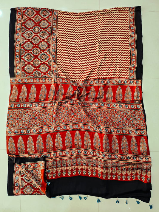 HAND BLOCK PRINTED AJRAKH MODAL SILK SAREE (CIG129)