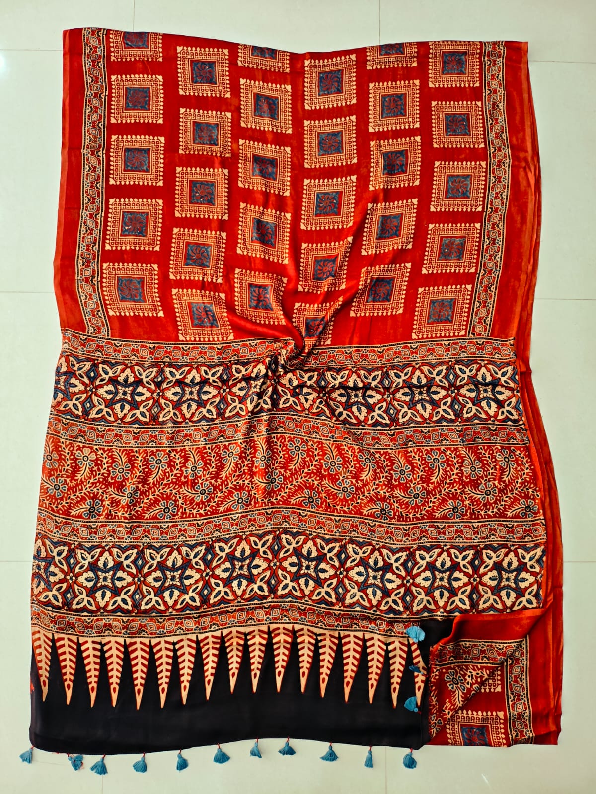 HAND BLOCK PRINTED AJRAKH MODAL SILK SAREE (CIG130)