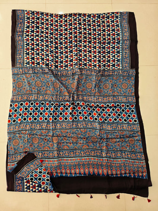 HAND BLOCK PRINTED AJRAKH MODAL SILK SAREE (CIG133)