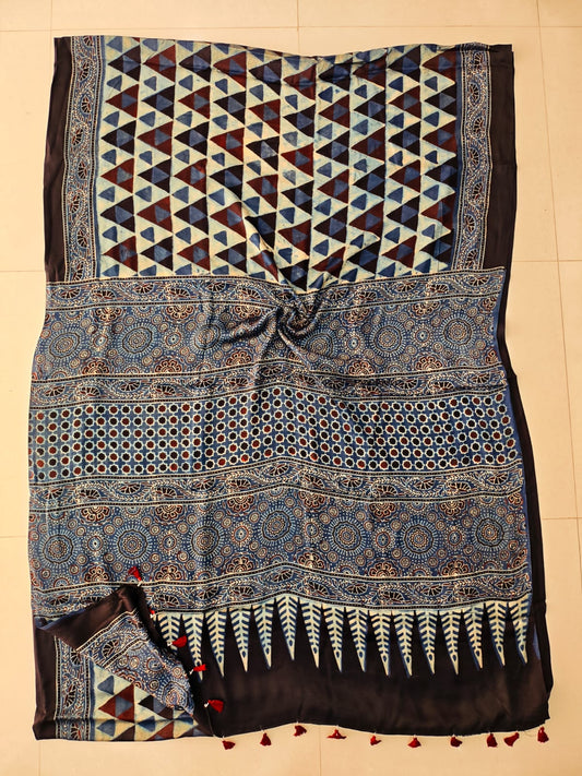 HAND BLOCK PRINTED AJRAKH MODAL SILK SAREE (CIG131)
