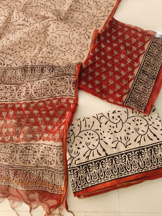 HAND BLOCK PRINTED KOTA DORIYA SUIT WITH KOTA DORIYA DUPPATA (FKS108)