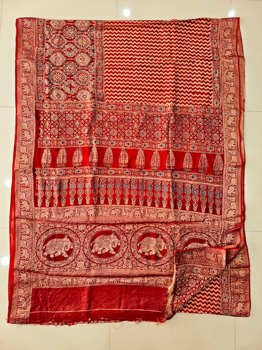 AJRAKH PRINTED PURE DOLA SILK SAREE WITH BLOUSE (MS62)