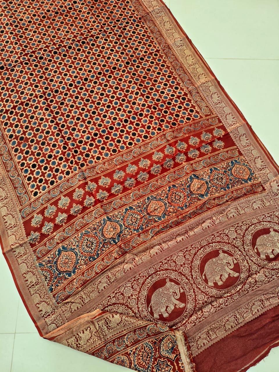 AJRAKH PRINTED PURE DOLA SILK SAREE WITH BLOUSE (MS65)