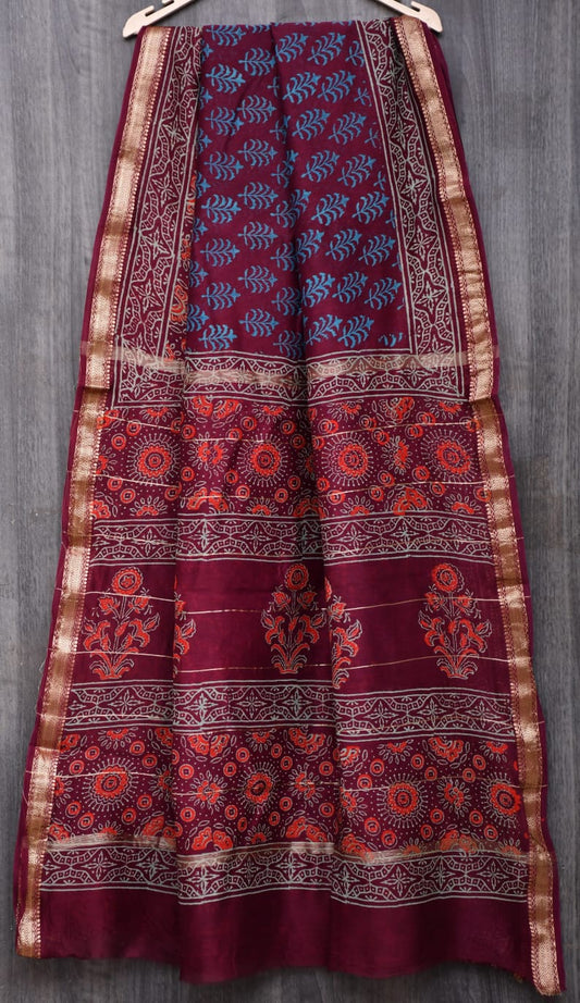 Jaipuri Hand Block Bagru Printed Maheshwari Silk Saree With Blouse (MSS162)