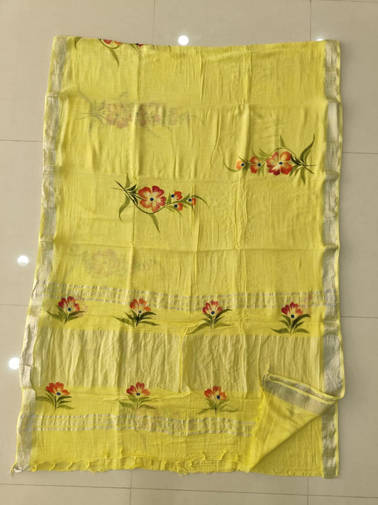 HAND BLOCK BLACK & WHITE PRINTED COTTON LINEN SAREE WITH BLOUSE  (LCS218)