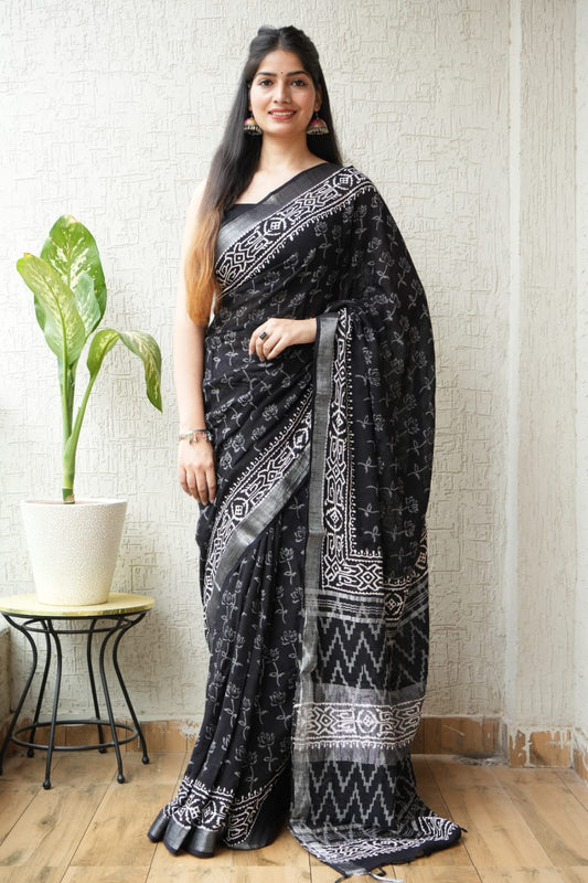 HAND BLOCK BLACK & WHITE PRINTED COTTON LINEN SAREE WITH BLOUSE  (LCS222)