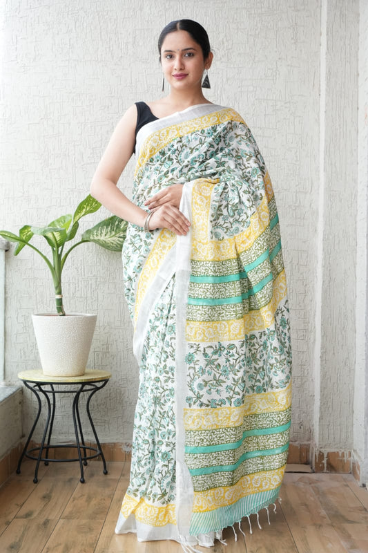 HAND BLOCK BLACK & WHITE PRINTED COTTON LINEN SAREE WITH BLOUSE  (LCS221)
