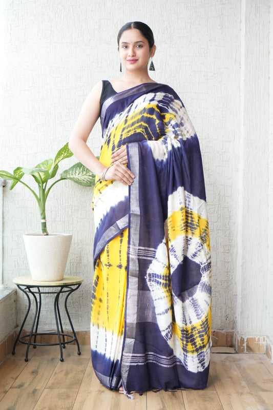 HAND BLOCK BLACK & WHITE PRINTED COTTON LINEN SAREE WITH BLOUSE  (LCS220)