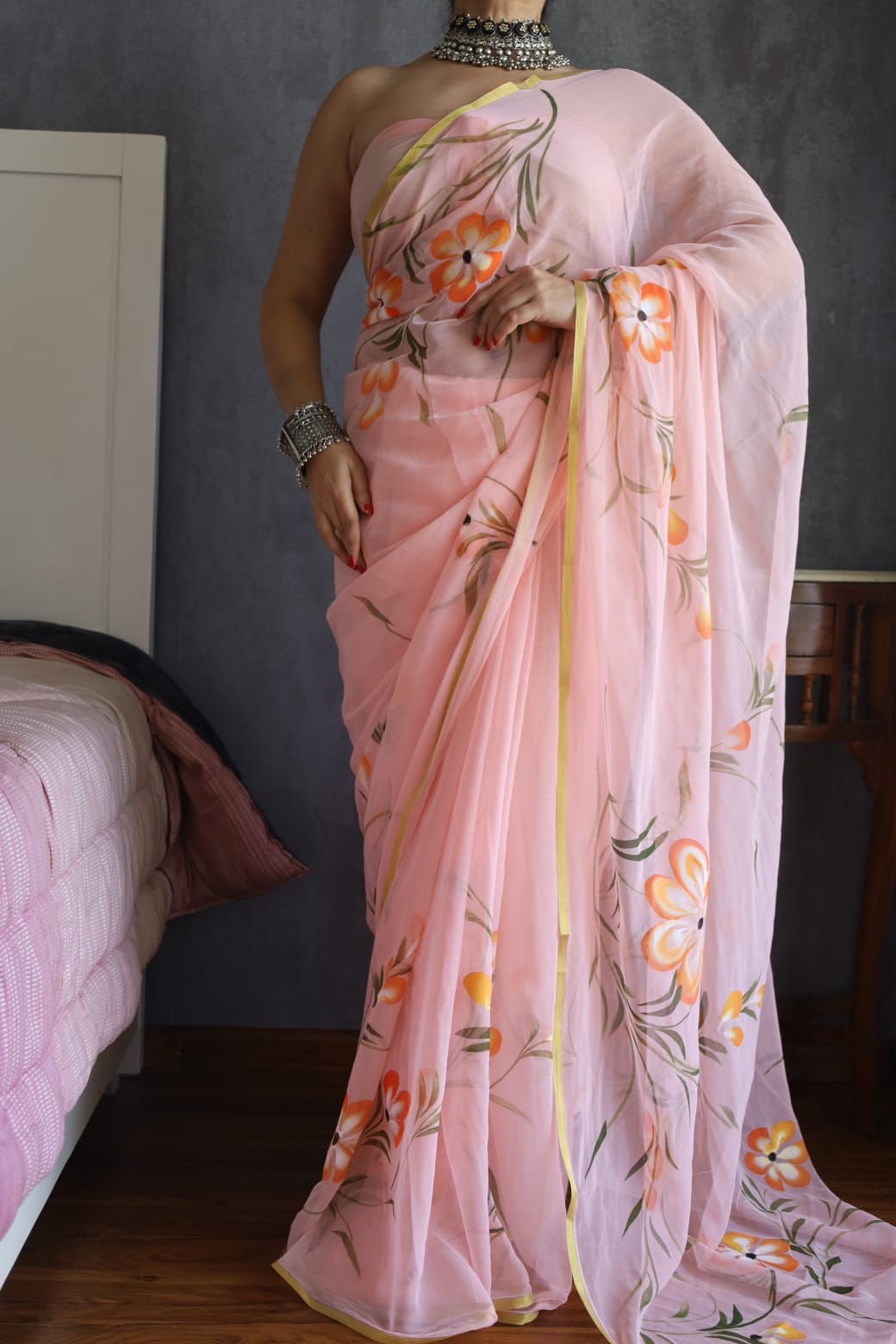 Hand Brush Painted Chiffon Saree with Blouse ( CIA71)