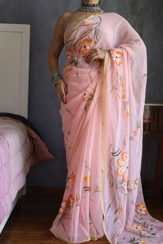 Hand Brush Painted Chiffon Saree with Blouse ( CIA71)