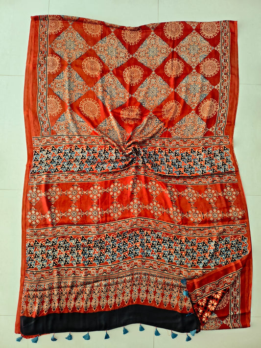 HAND BLOCK PRINTED AJRAKH MODAL SILK SAREE (CIG137)