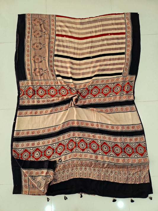 HAND BLOCK PRINTED AJRAKH MODAL SILK SAREE (CIG139)