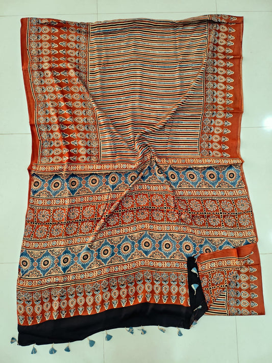 HAND BLOCK PRINTED AJRAKH MODAL SILK SAREE (CIG142)