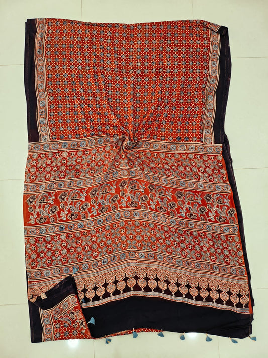 HAND BLOCK PRINTED AJRAKH MODAL SILK SAREE (CIG147)