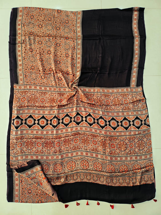 HAND BLOCK PRINTED AJRAKH MODAL SILK SAREE (CIG155)