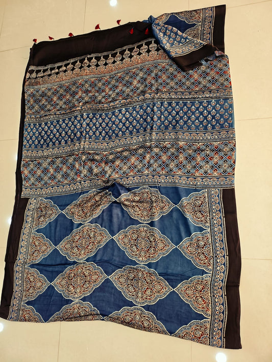HAND BLOCK PRINTED AJRAKH MODAL SILK SAREE (CIG156)
