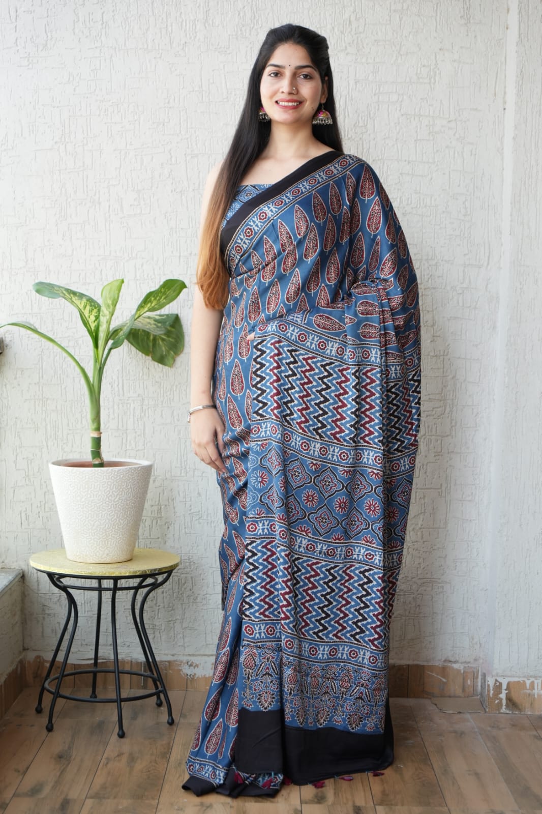 HAND BLOCK PRINTED AJRAKH MODAL SILK SAREE (CIG162)