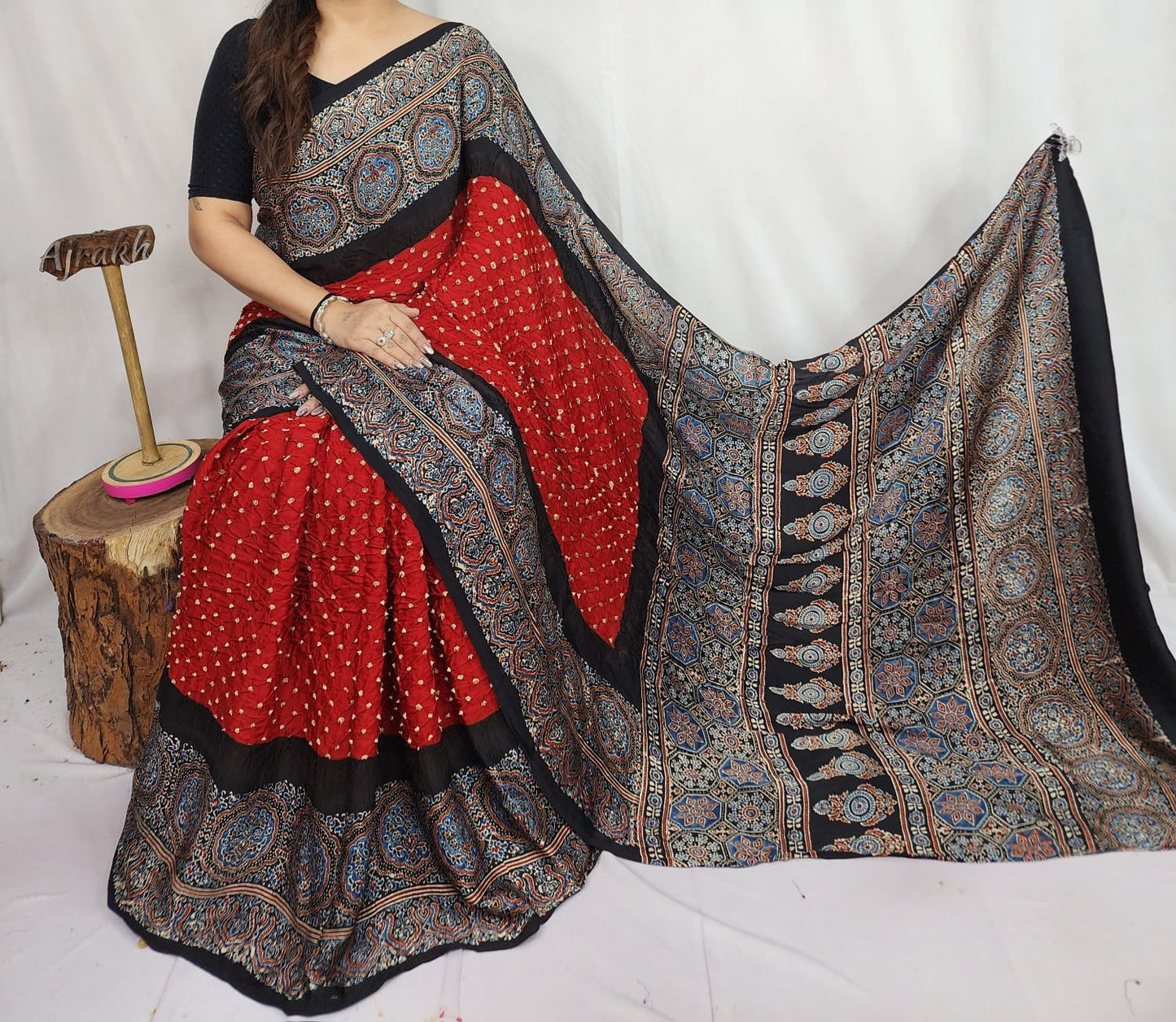 HAND BLOCK PRINTED  BANDHEJ AJRAKH MODAL SILK SAREE (CIX1 )