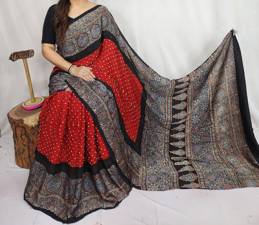 HAND BLOCK PRINTED  BANDHEJ AJRAKH MODAL SILK SAREE (CIX1 )
