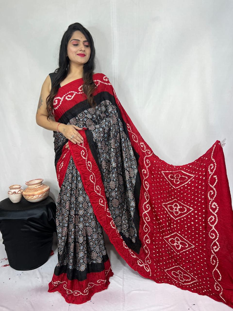 HAND BLOCK PRINTED  BANDHEJ AJRAKH MODAL SILK SAREE (CIX4)