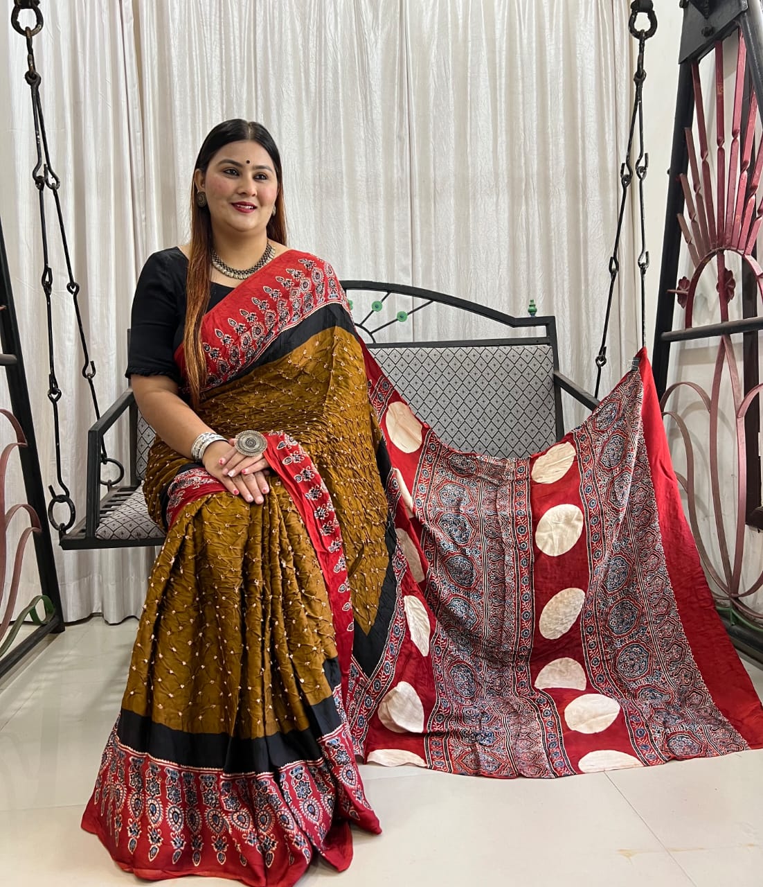 HAND BLOCK PRINTED  BANDHEJ AJRAKH MODAL SILK SAREE (CIX5 )