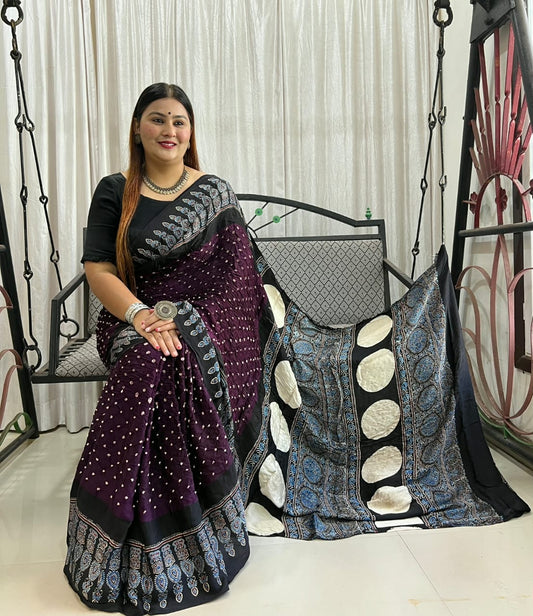 HAND BLOCK PRINTED  BANDHEJ AJRAKH MODAL SILK SAREE (CIX7)