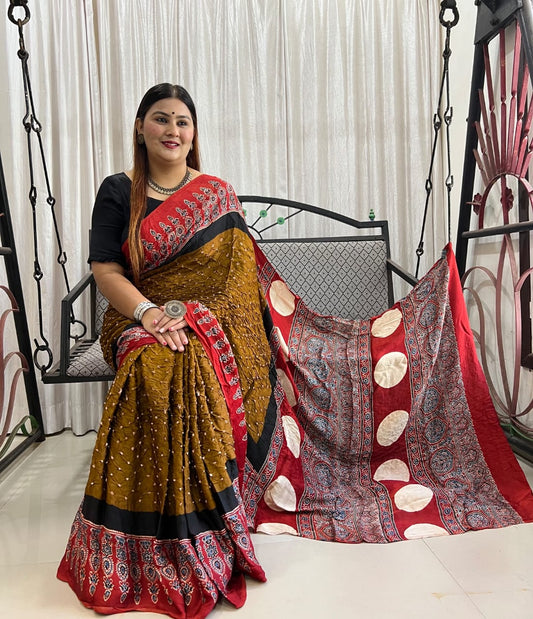 HAND BLOCK PRINTED  BANDHEJ AJRAKH MODAL SILK SAREE (CIX5 )