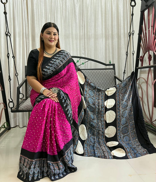 HAND BLOCK PRINTED  BANDHEJ AJRAKH MODAL SILK SAREE (CIX6)