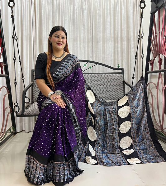 HAND BLOCK PRINTED  BANDHEJ AJRAKH MODAL SILK SAREE (CIX10)