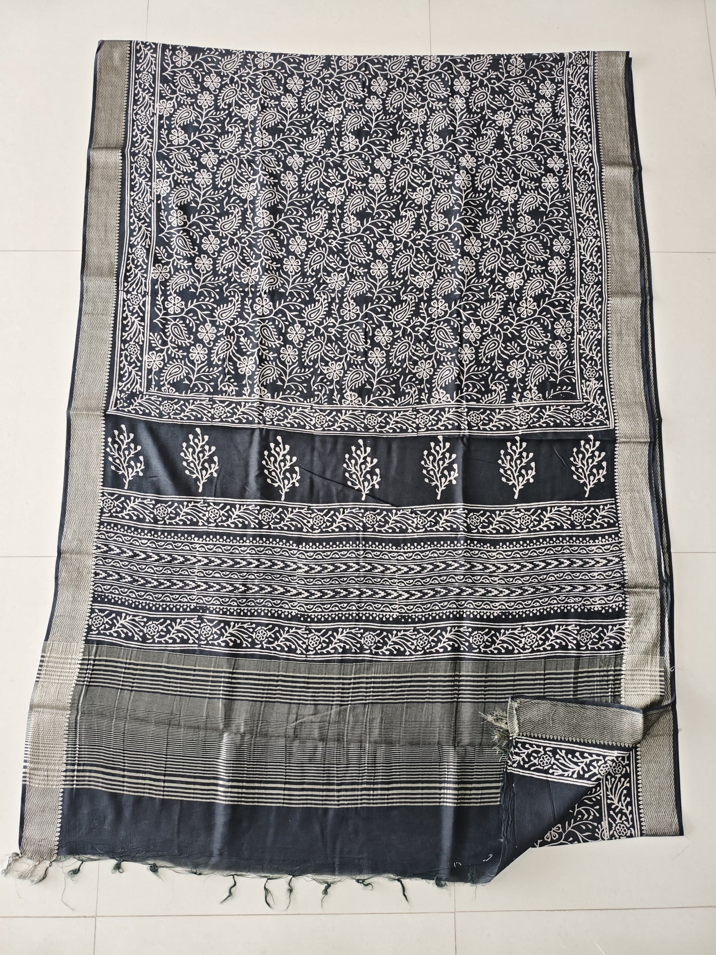 HAND BLOCK BAGRU PRINTED ART SILK CHANDERI SAREE WITH BLOUSE  (CIH54)