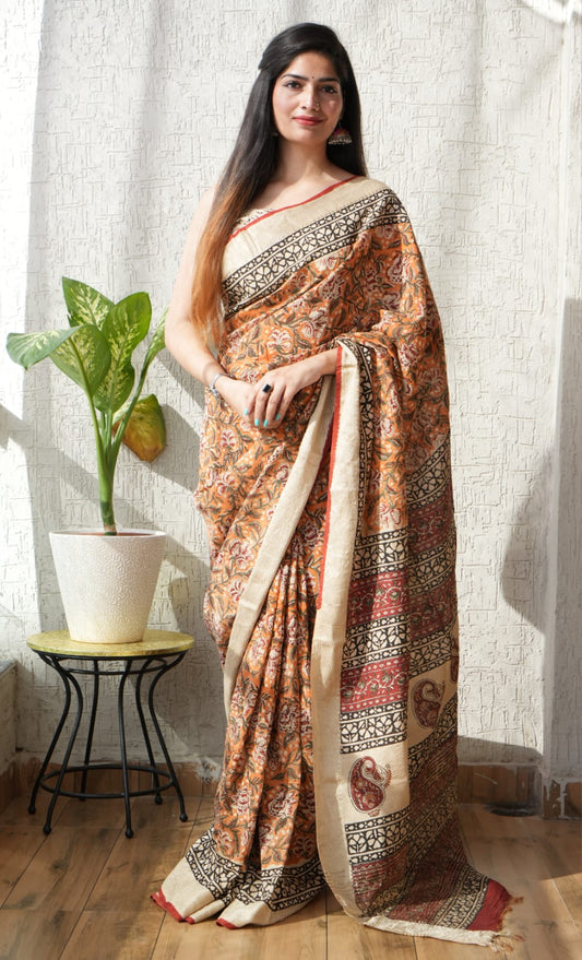 HAND BLOCK BAGRU PRINTED ART SILK CHANDERI SAREE WITH BLOUSE  (CIH57)