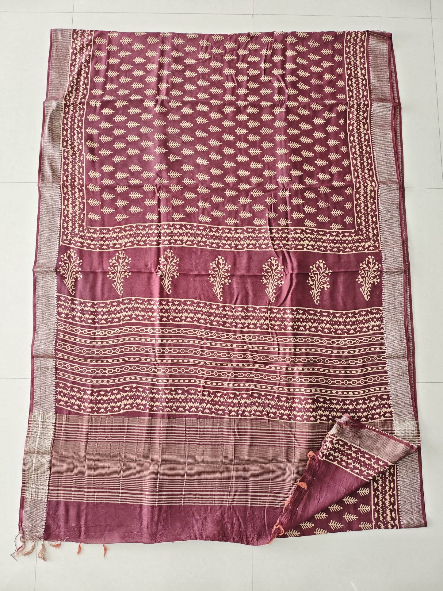 HAND BLOCK BAGRU PRINTED ART SILK CHANDERI SAREE WITH BLOUSE  (CIH59)