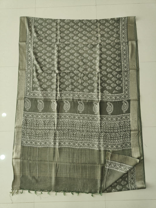 HAND BLOCK BAGRU PRINTED ART SILK CHANDERI SAREE WITH BLOUSE  (CIH60)