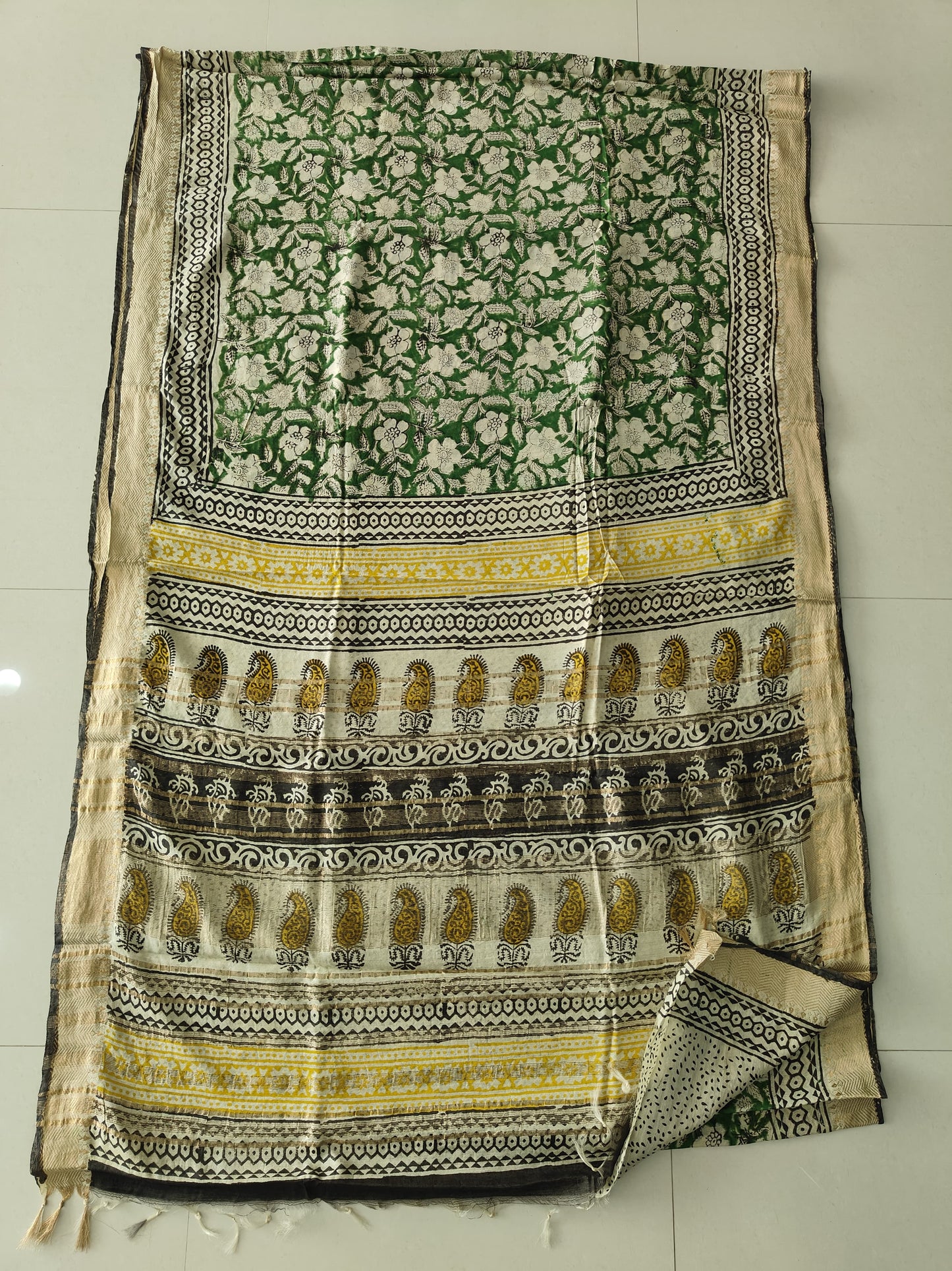 HAND BLOCK BAGRU PRINTED ART SILK CHANDERI SAREE WITH BLOUSE  (CIH61)