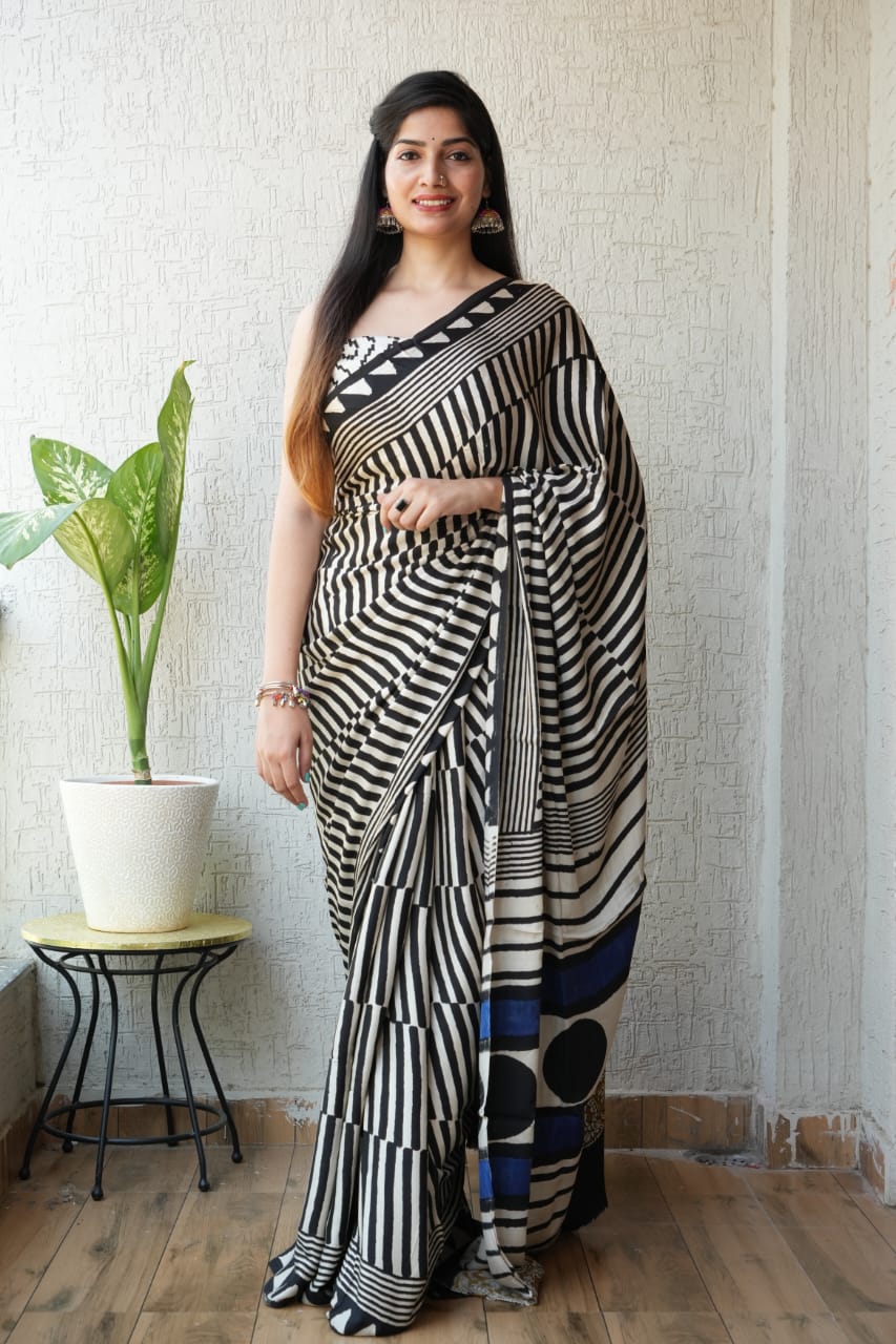 Ajrakh Hand Block Bagru Vanspati Printend Modal Silk Saree with Blouse (CID104)