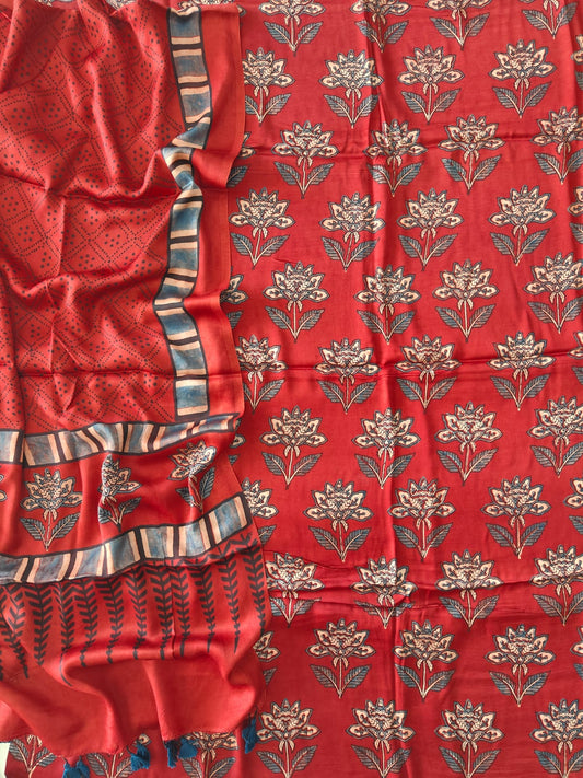 )Vanaspati Ajrakh Hand Block Printed Suits Modal Silk Fabric (CIT103)