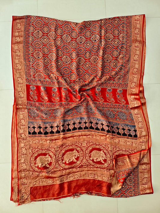 AJRAKH PRINTED PURE DOLA SILK SAREE WITH BLOUSE (MS67)