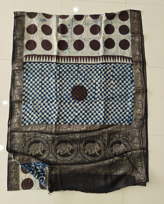 AJRAKH PRINTED PURE DOLA SILK SAREE WITH BLOUSE (MS68)