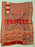 AJRAKH PRINTED PURE DOLA SILK SAREE WITH BLOUSE (MS66)
