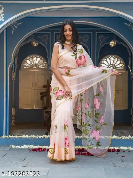 HAND BURSH PAINTED ORGANZA SILK SAREE WITH BLOUSE (CIB37)